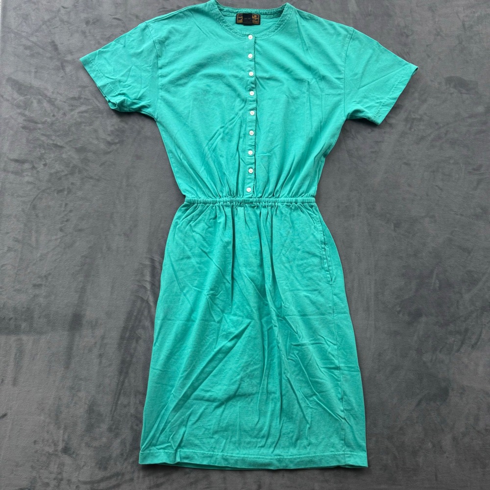 Vintage Eddie Bauer Teal Green Cotton Knit Button Front Elastic Waist Dress M